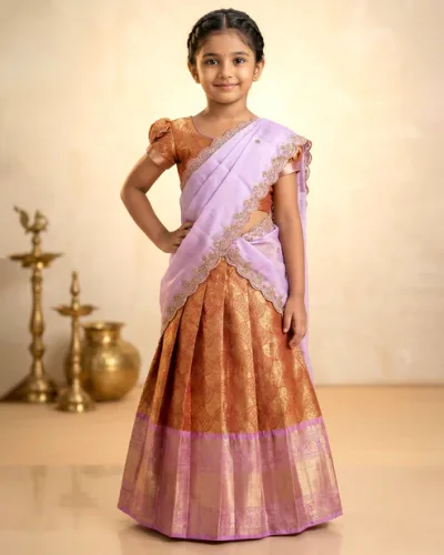 Traditional Girls Pattu Pavadai Dhavani Set Designer Blouse - Lavender and Copper Gold